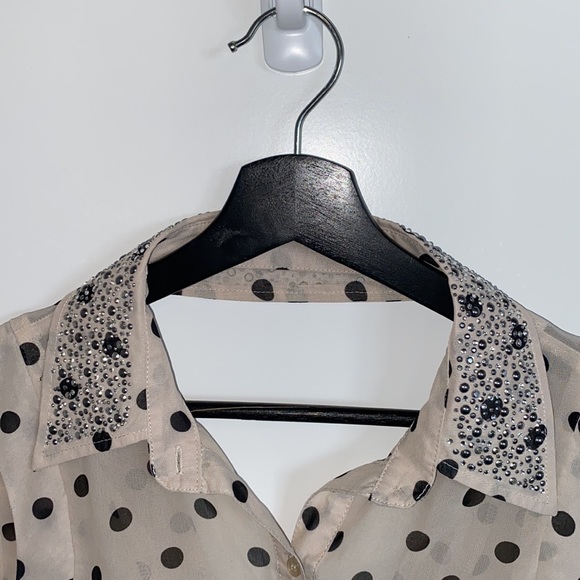 Material Girl Sheer Polka Dot Top With Studded Collar - Picture 3 of 10